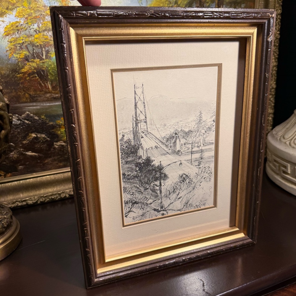 Gorgeous Sketch of Bridge in Brown and Gold Frame - Picture 1 of 1